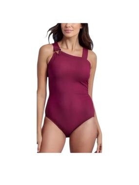 Aqua Green Asymmetrical Shoulder One Piece Swimsuit, Burgundy